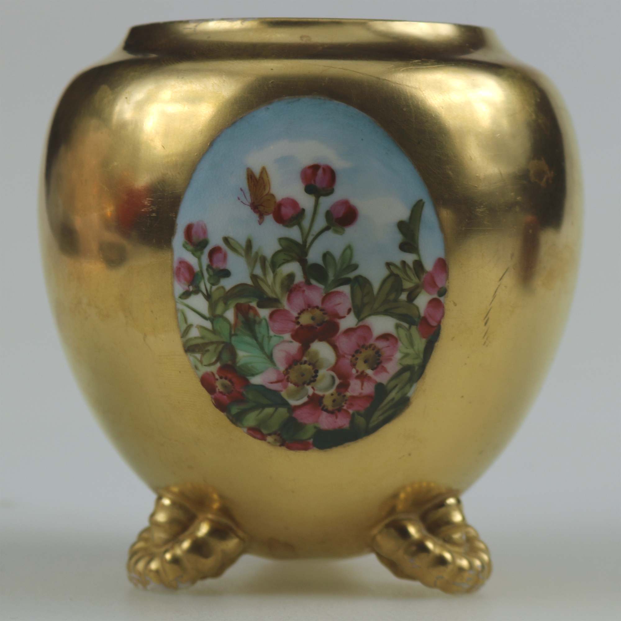 An unusual antique Coalport porcelain gilt & 3X hand-painted panels Vase C.1881