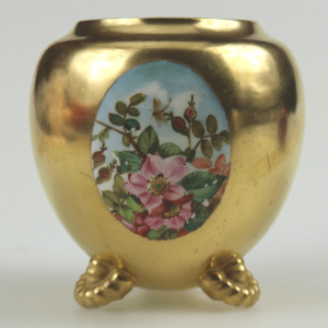 An unusual antique Coalport porcelain gilt & 3X hand-painted panels Vase C.1881