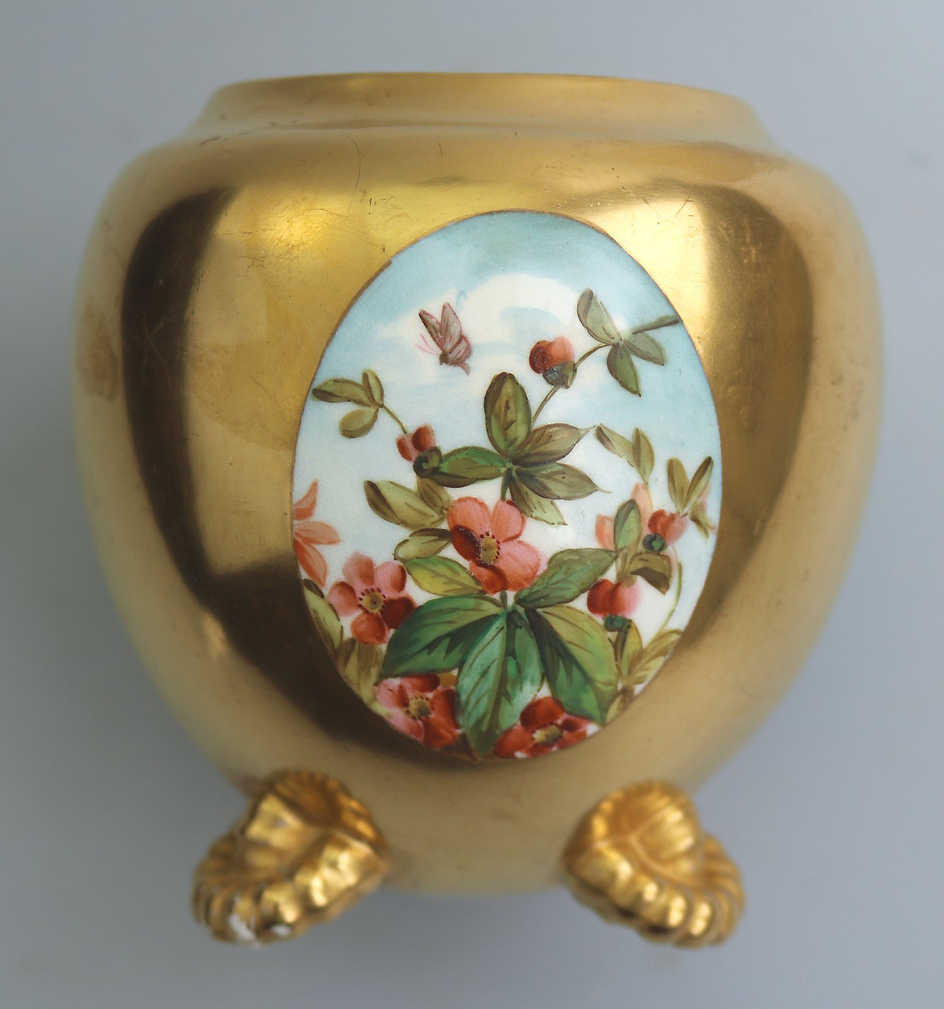 Unusual antique Coalport porcelain gilt & 3X hand-painted panels Vase 2 C.1881