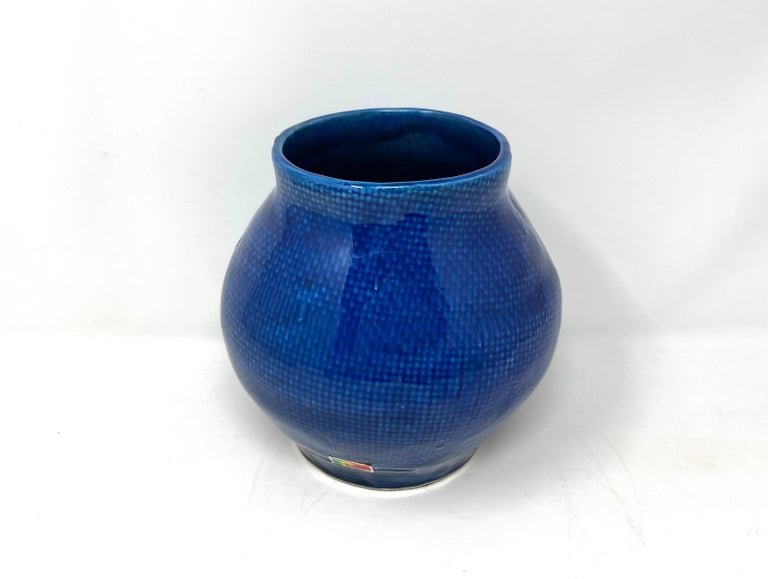 Cobalt Blue Portuguese Ceramic Vessel with Woven Texture
