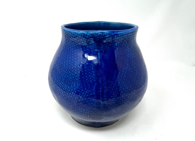 Cobalt Blue Portuguese Ceramic Vessel with Woven Texture