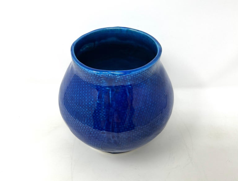 Cobalt Blue Portuguese Ceramic Vessel with Woven Texture