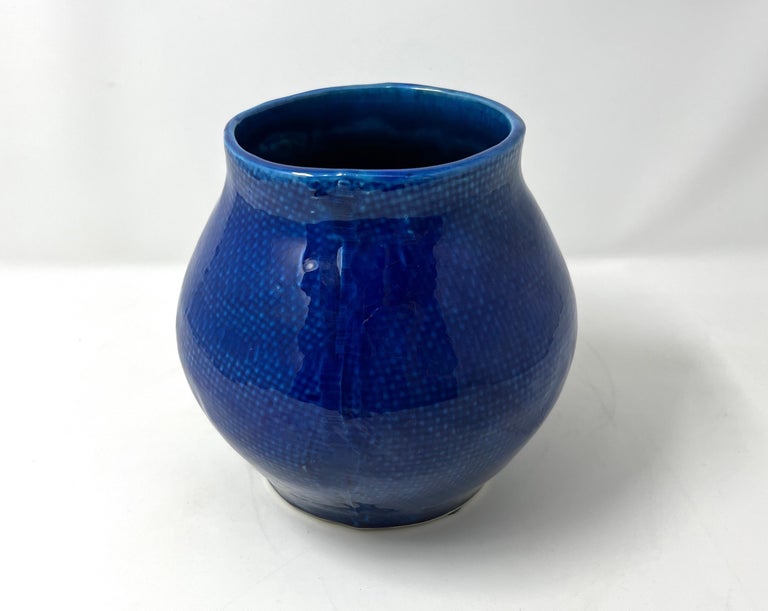 Cobalt Blue Portuguese Ceramic Vessel with Woven Texture