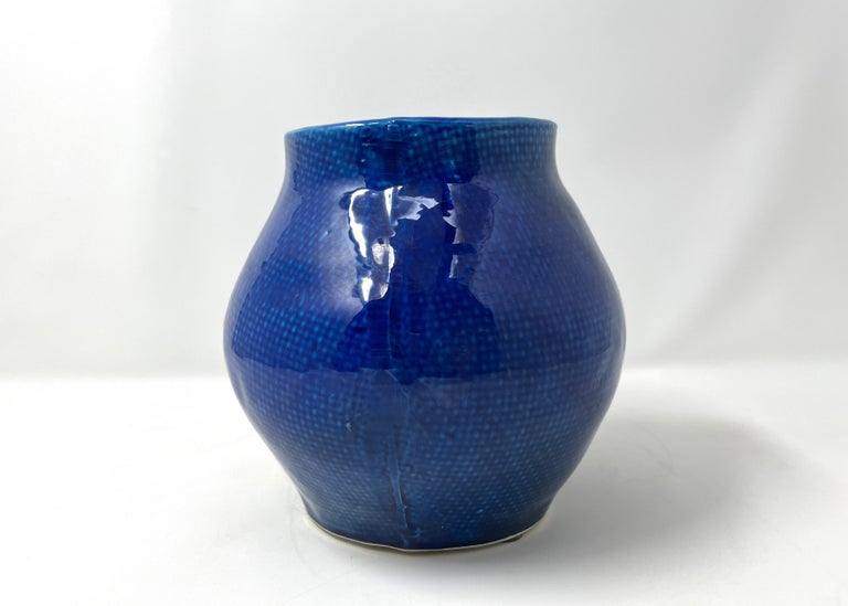 Cobalt Blue Portuguese Ceramic Vessel with Woven Texture