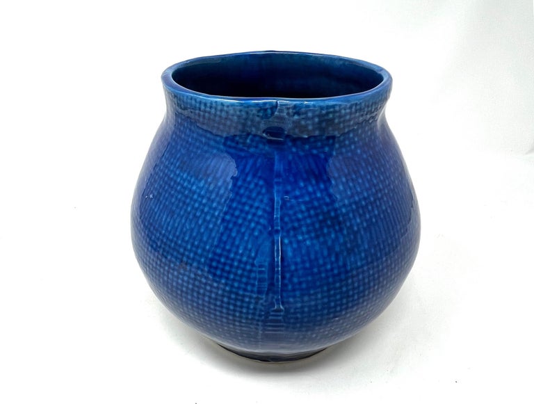 Cobalt Blue Portuguese Ceramic Vessel with Woven Texture