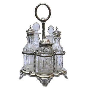 A good antique English silver plate & cut glass 5-bottle table cruet stand C.19thC