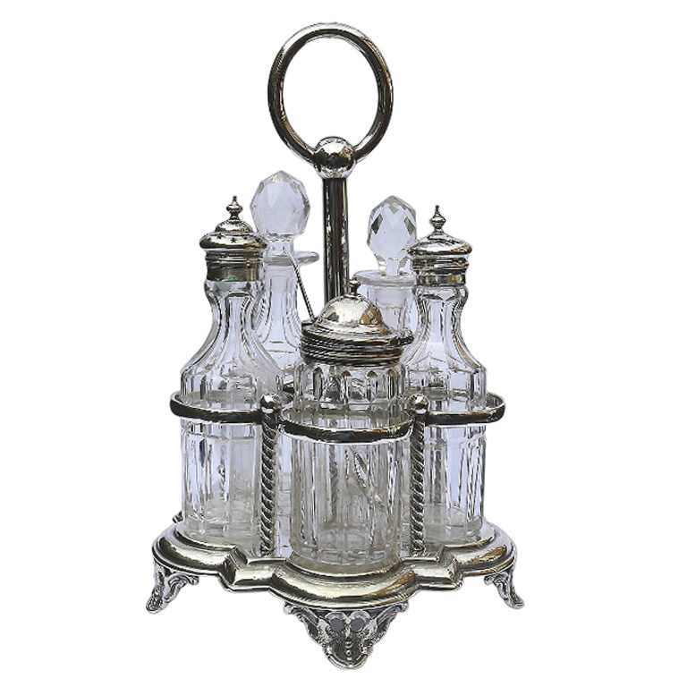 A good antique English silver plate & cut glass 5-bottle table cruet stand C.19thC