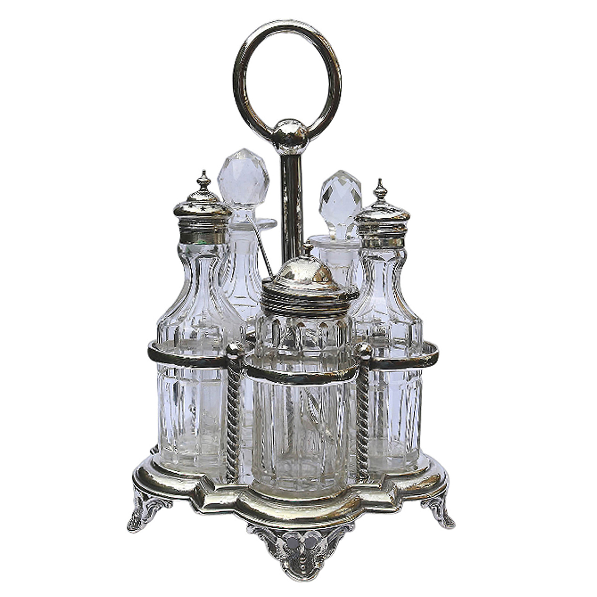 A good antique English silver plate & cut glass 5-bottle table cruet stand C.19thC
