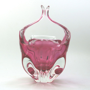 A wonderful Josef Hospodka Chribska Glassworks organic glass Basket Vase C.1960+