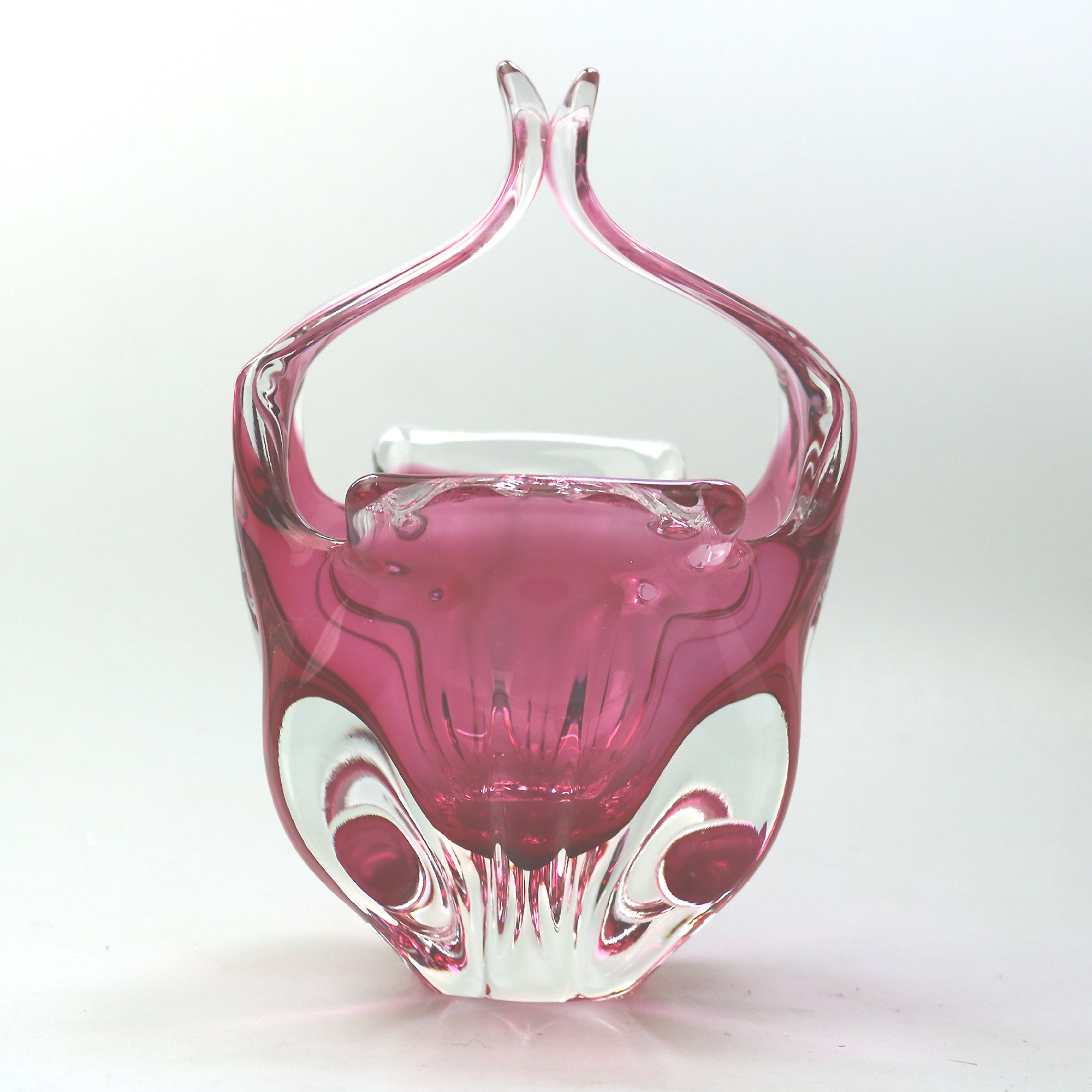 A wonderful Josef Hospodka Chribska Glassworks organic glass Basket Vase C.1960+