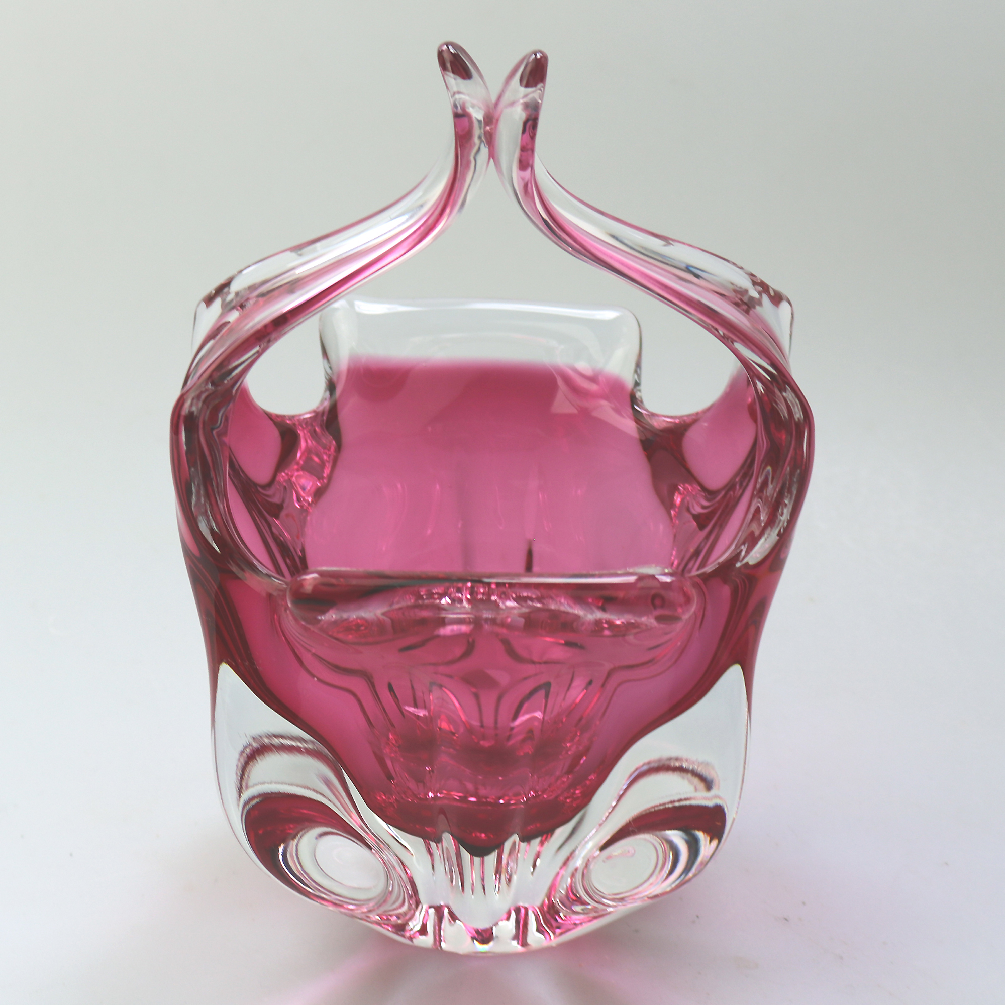 A wonderful Josef Hospodka Chribska Glassworks organic glass Basket Vase C.1960+