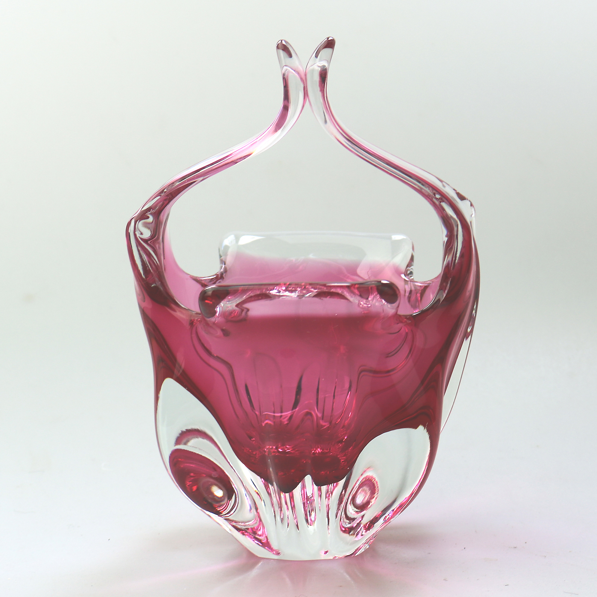 A wonderful Josef Hospodka Chribska Glassworks organic glass Basket Vase C.1960+