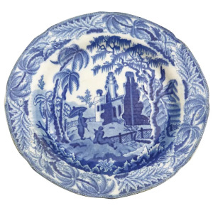 Antique English pearlware pottery Davenport Chinoiserie Ruins B&W Plate C.1810+