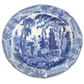 Antique English pearlware pottery Davenport Chinoiserie Ruins B&W Plate C.1810+