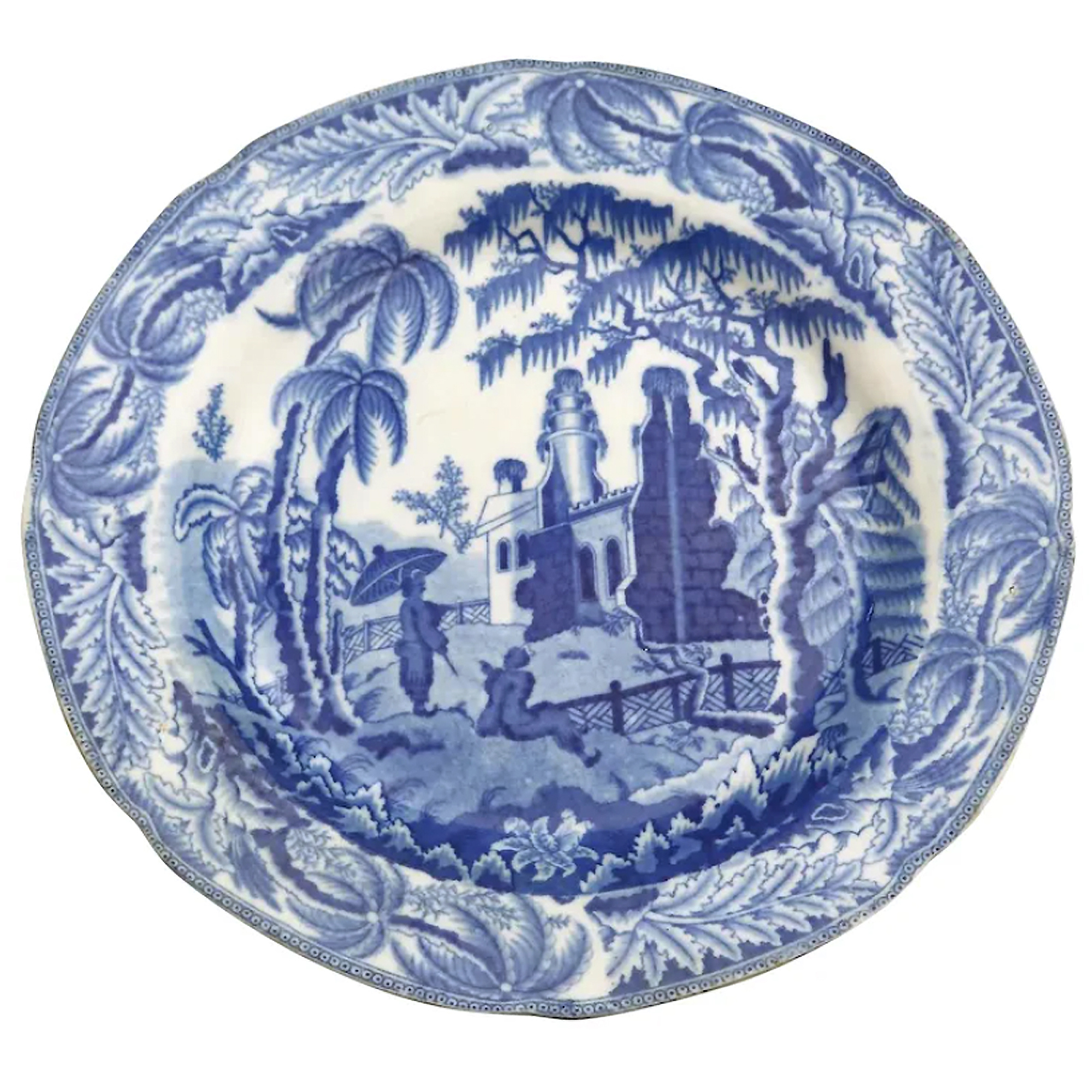 Antique English pearlware pottery Davenport Chinoiserie Ruins B&W Plate C.1810+