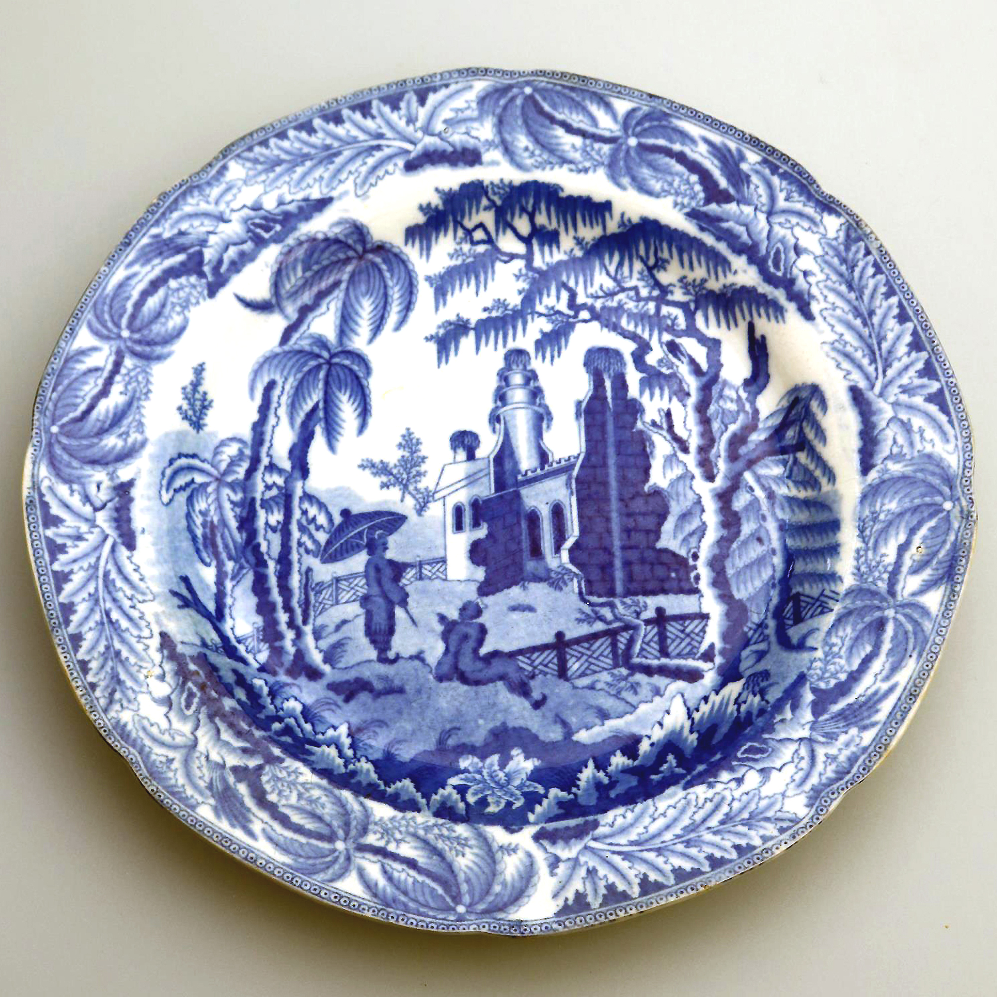 Antique English pearlware pottery Davenport Chinoiserie Ruins B&W Plate C.1810+