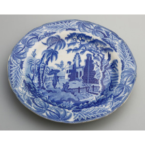 Antique English pearlware pottery Davenport Chinoiserie Ruins B&W Plate C.1810+