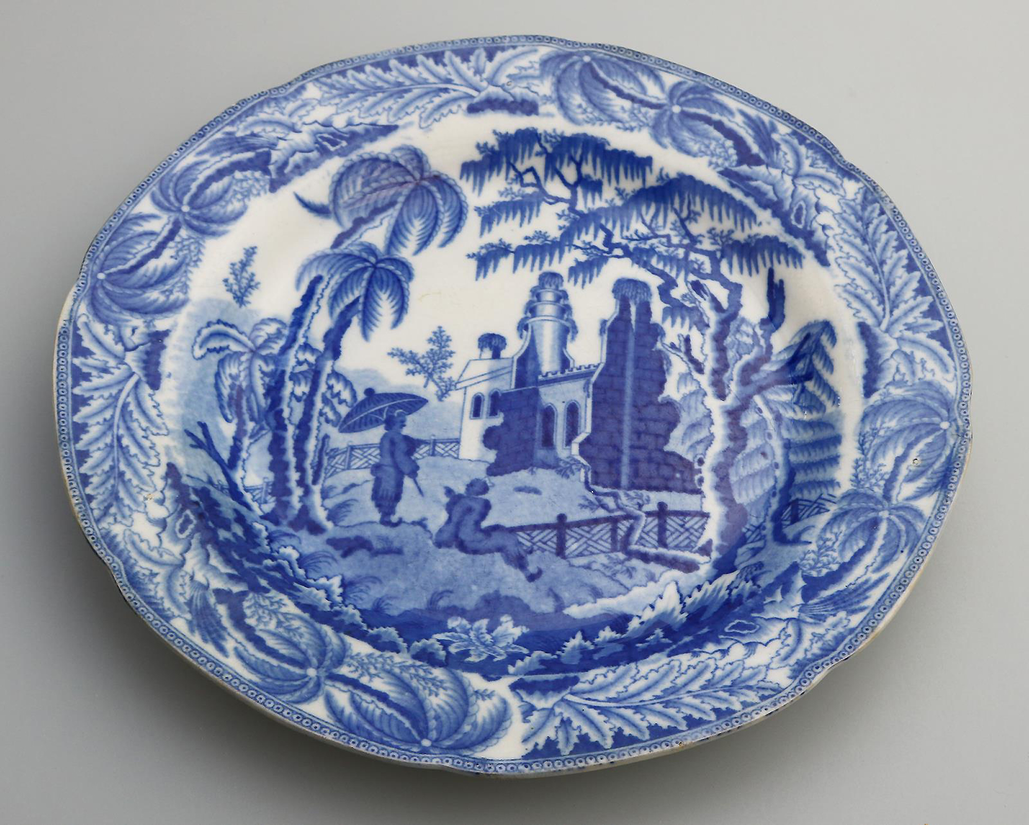 Antique English pearlware pottery Davenport Chinoiserie Ruins B&W Plate C.1810+