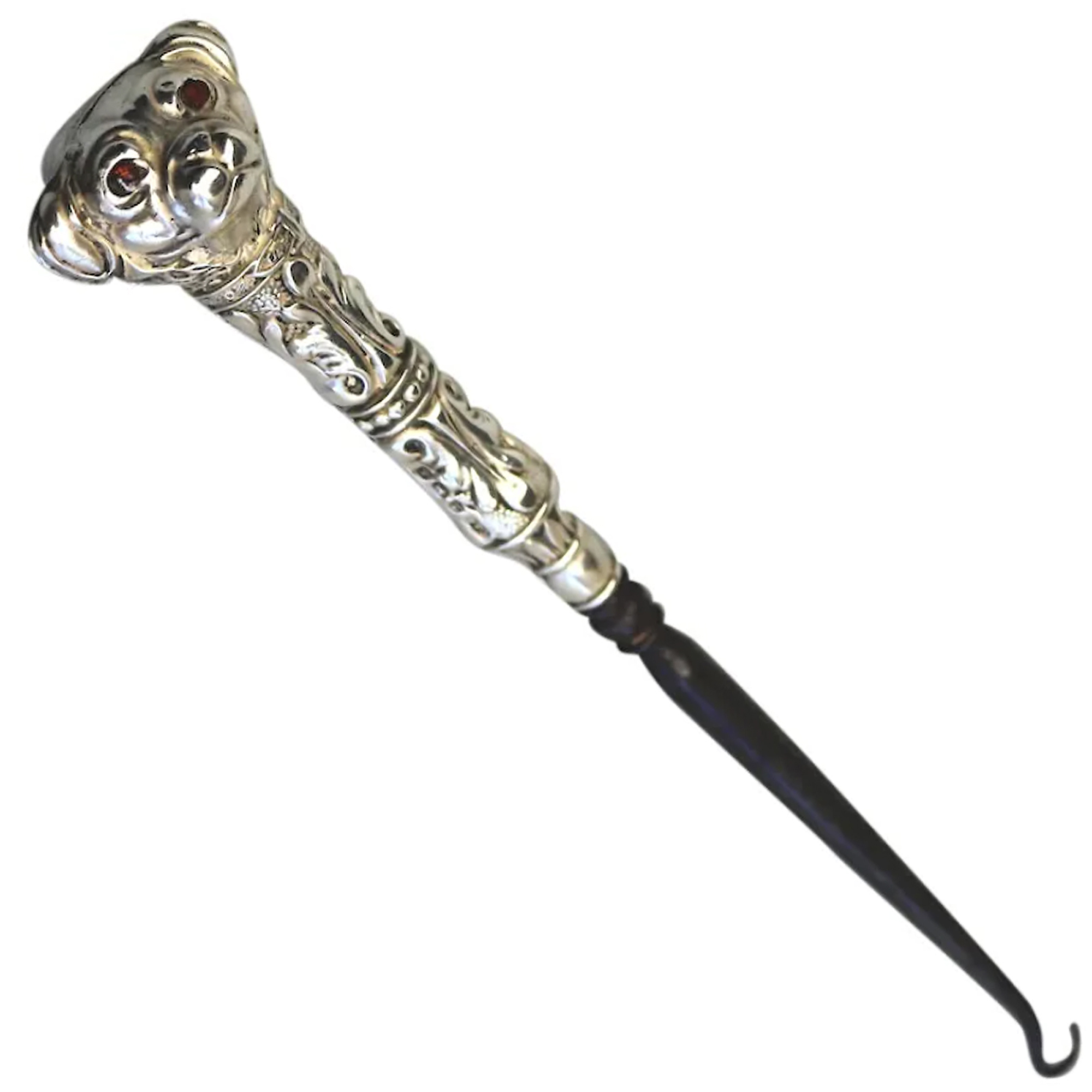 A rare antique English solid silver novelty double dog head Button Hook C.1906