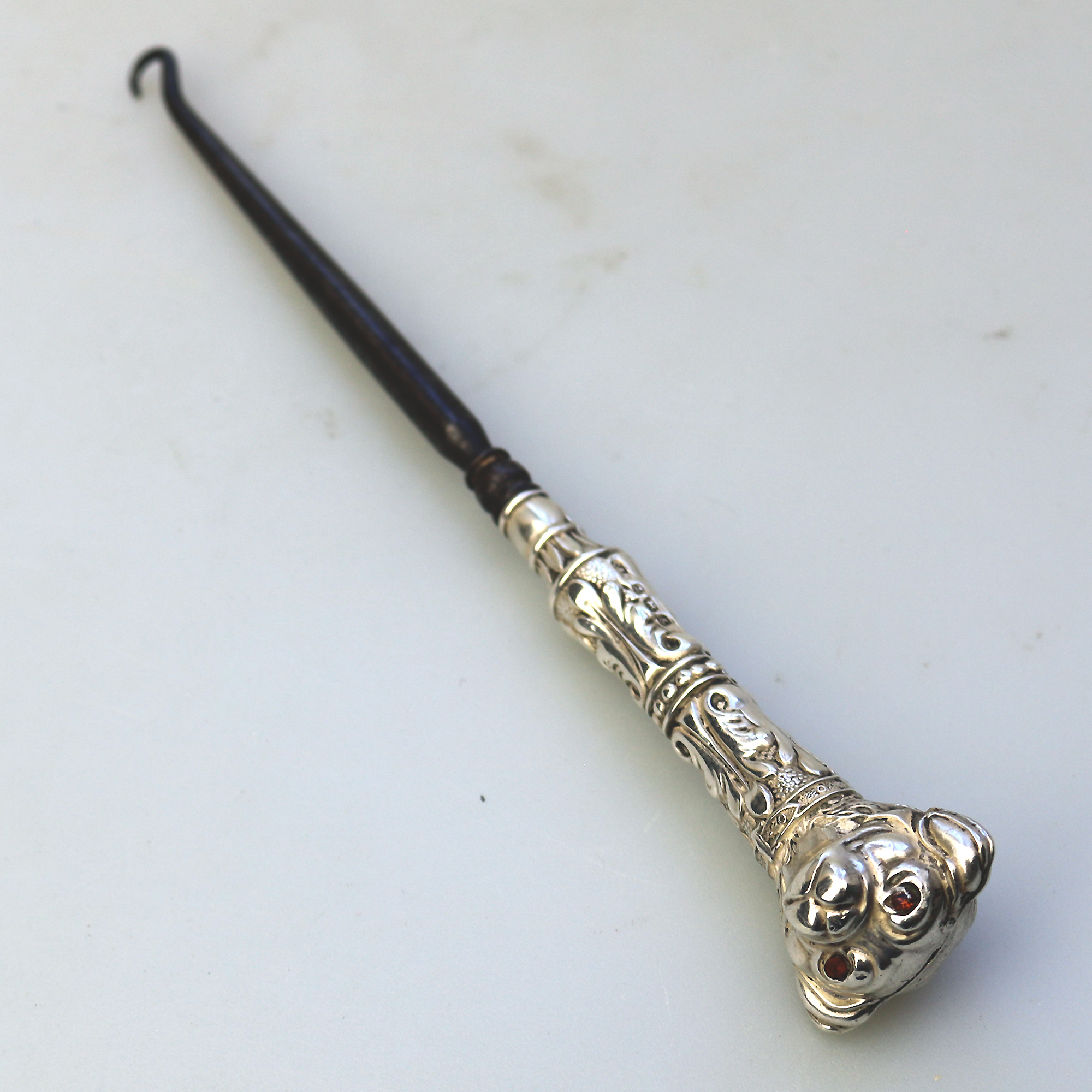 A rare antique English solid silver novelty double dog head Button Hook C.1906