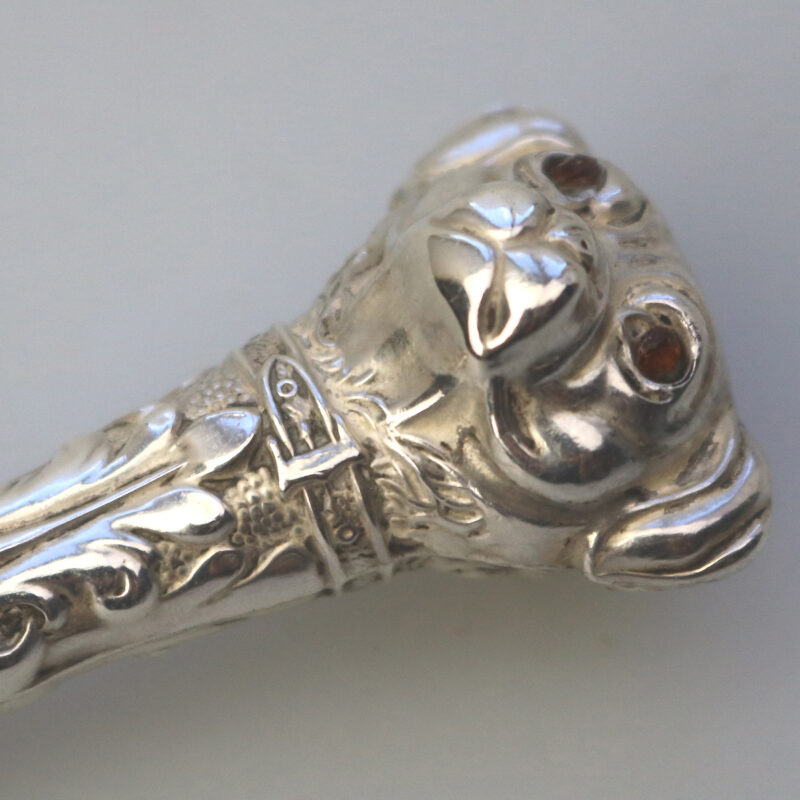 A rare antique English solid silver novelty double dog head Button Hook C.1906