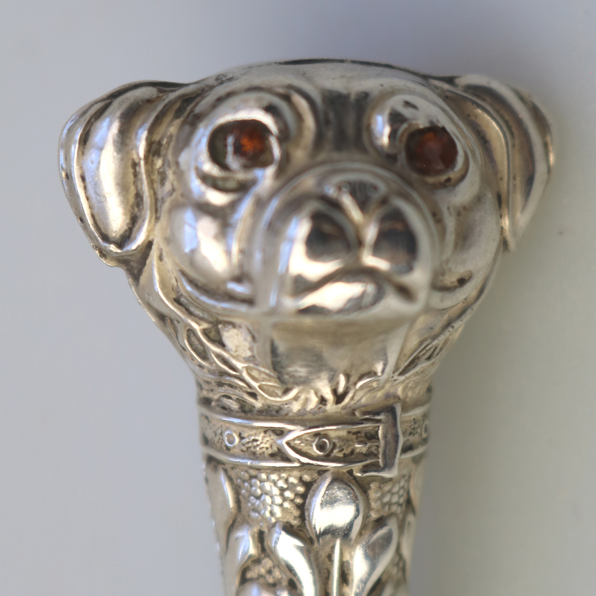 A rare antique English solid silver novelty double dog head Button Hook C.1906