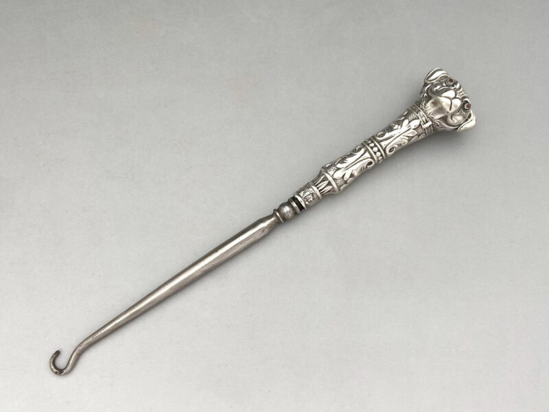 A rare antique English solid silver novelty double dog head Button Hook C.1906