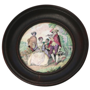 An antique framed English Prattware pottery Pot Lid The Flute Player C.19thC