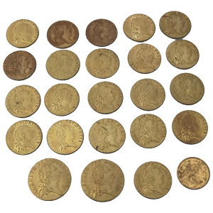 Sporting Antiques lot of 24 faux James II gilt brass Gaming Counters C.19thC
