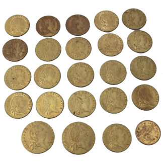 Sporting Antiques lot of 24 faux James II gilt brass Gaming Counters C.19thC