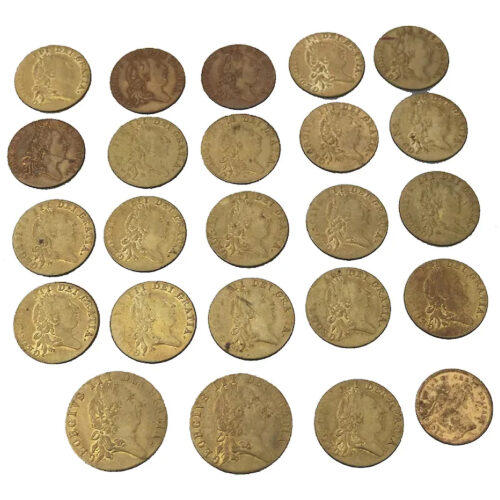 Sporting Antiques lot of 24 faux James II gilt brass Gaming Counters C.19thC
