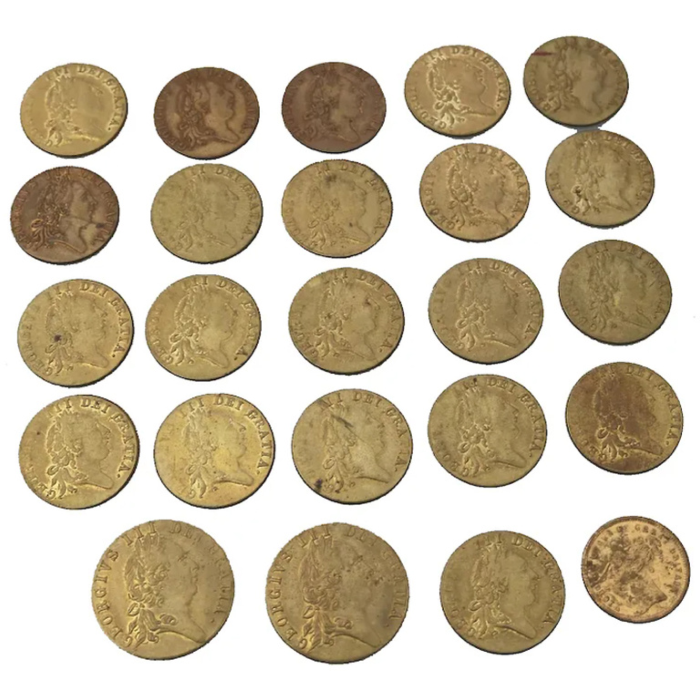 Sporting Antiques lot of 24 faux James II gilt brass Gaming Counters C.19thC