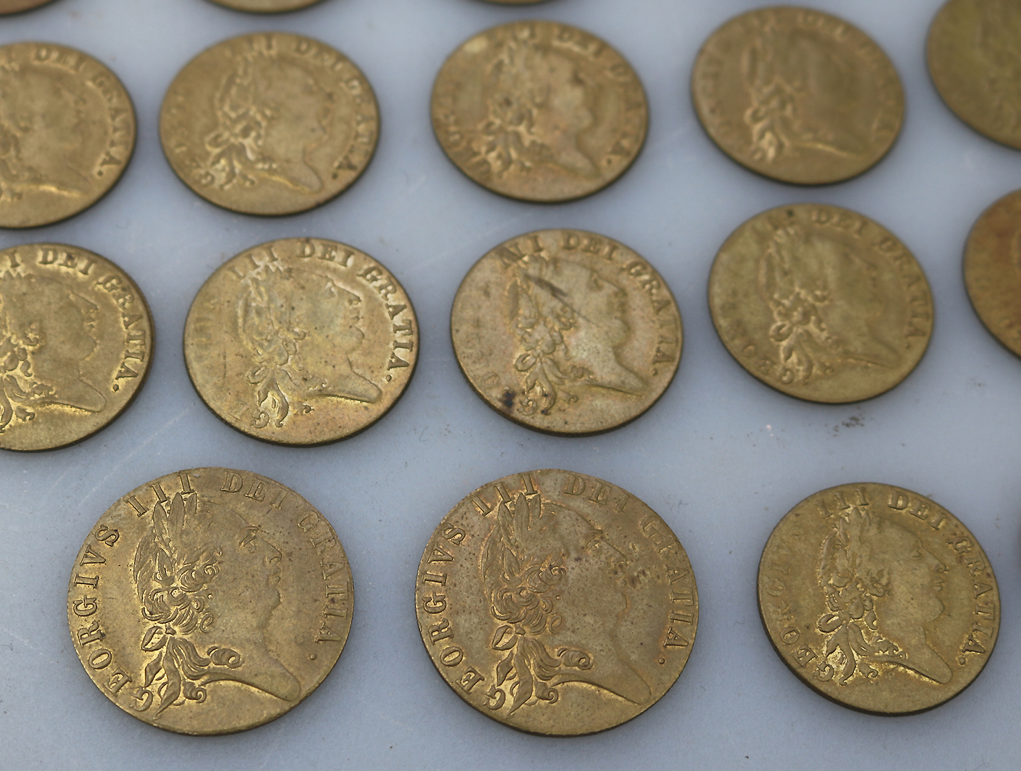 Sporting Antiques lot of 24 faux James II gilt brass Gaming Counters C.19thC