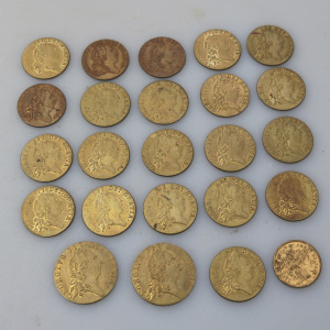 Sporting Antiques lot of 24 faux James II gilt brass Gaming Counters C.19thC