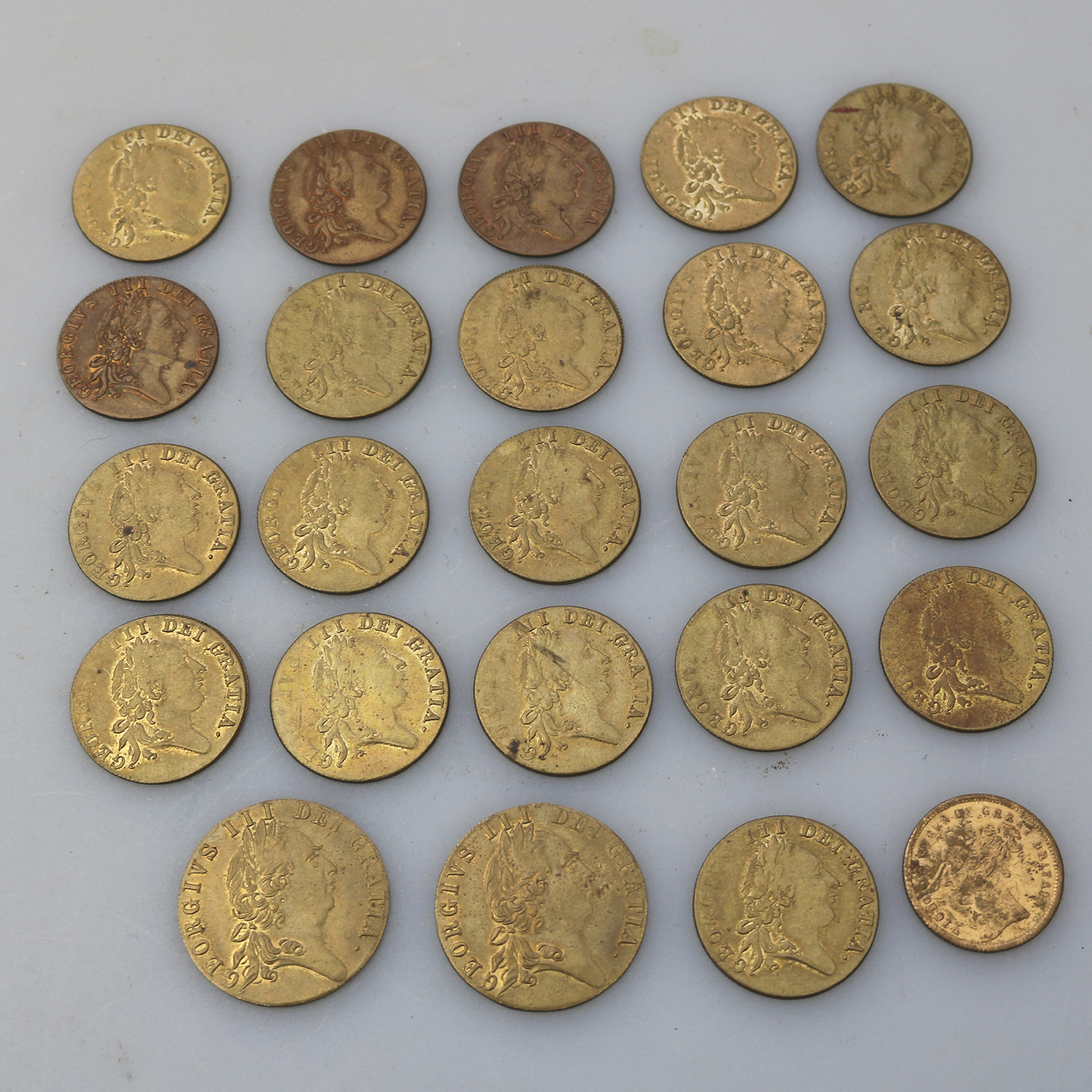 Sporting Antiques lot of 24 faux James II gilt brass Gaming Counters C.19thC