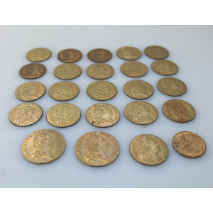 Sporting Antiques lot of 24 faux James II gilt brass Gaming Counters C.19thC