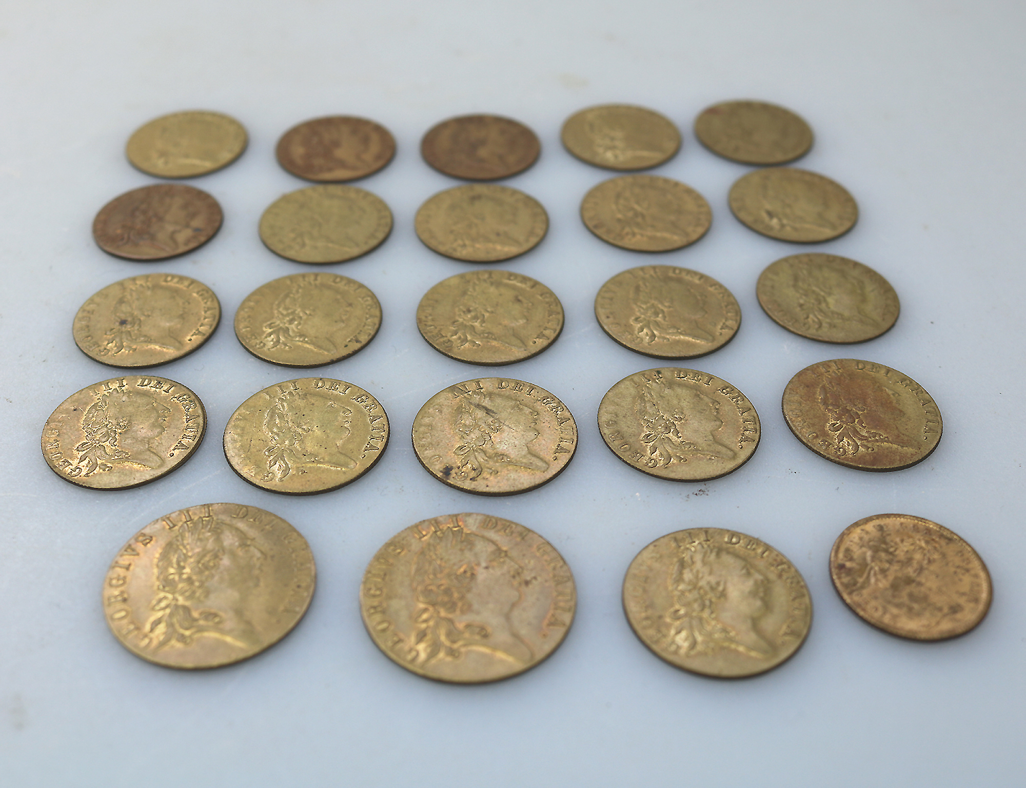 Sporting Antiques lot of 24 faux James II gilt brass Gaming Counters C.19thC