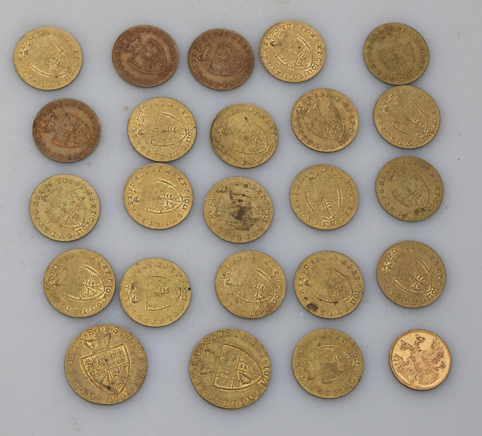 Sporting Antiques lot of 24 faux James II gilt brass Gaming Counters C.19thC