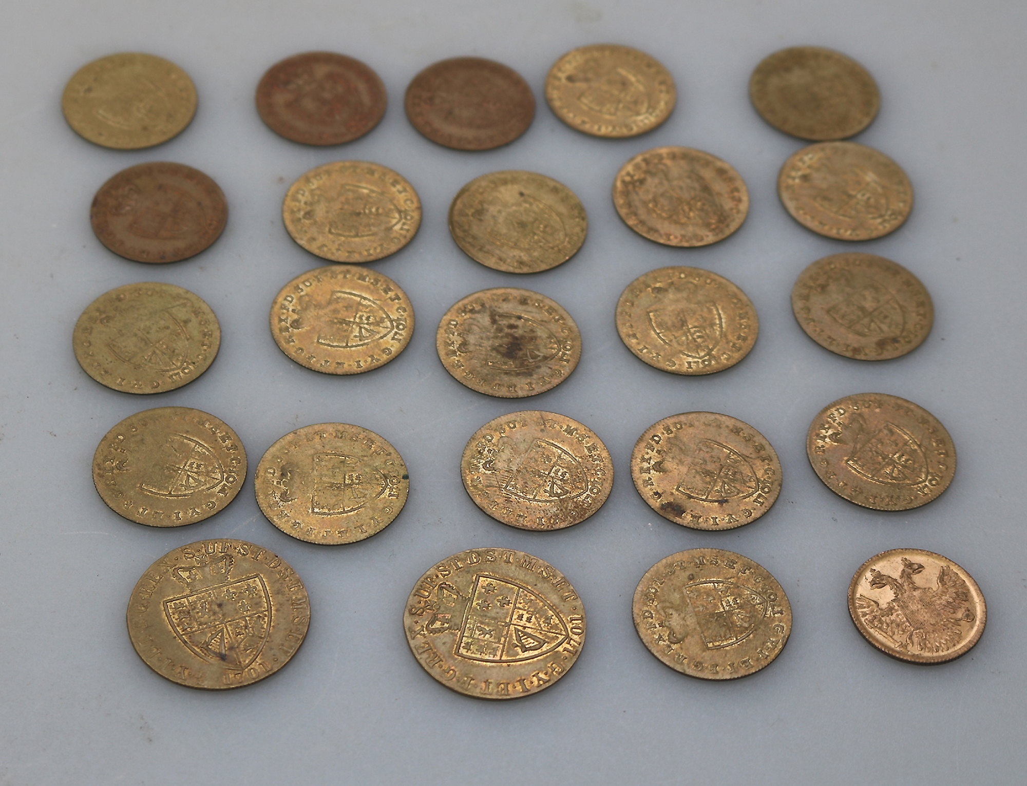 Sporting Antiques lot of 24 faux James II gilt brass Gaming Counters C.19thC