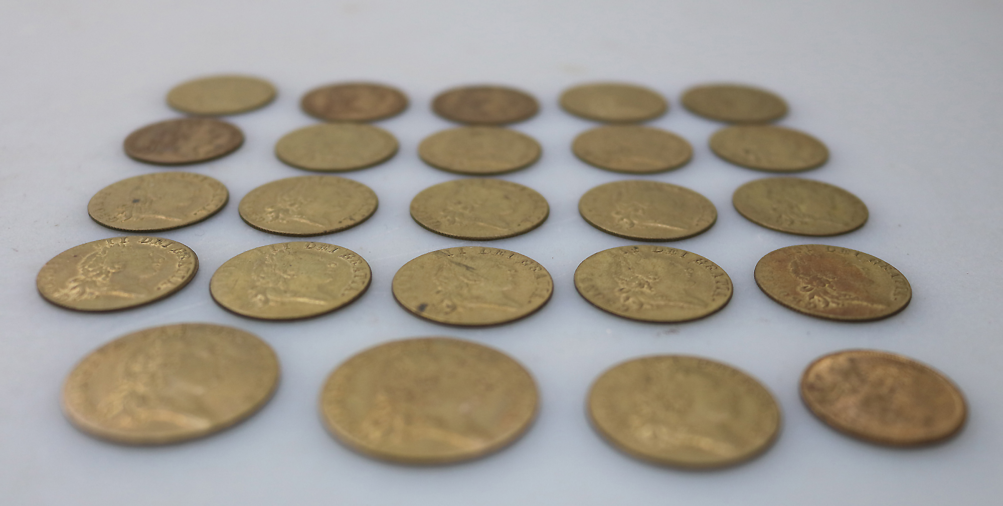 Sporting Antiques lot of 24 faux James II gilt brass Gaming Counters C.19thC