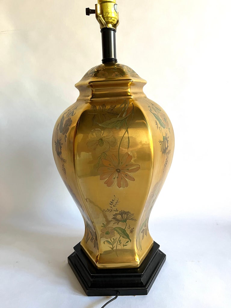Gold Porcelain Floral Hand-Painted Morris Greenspan Chinoiserie Urn Table Lamp