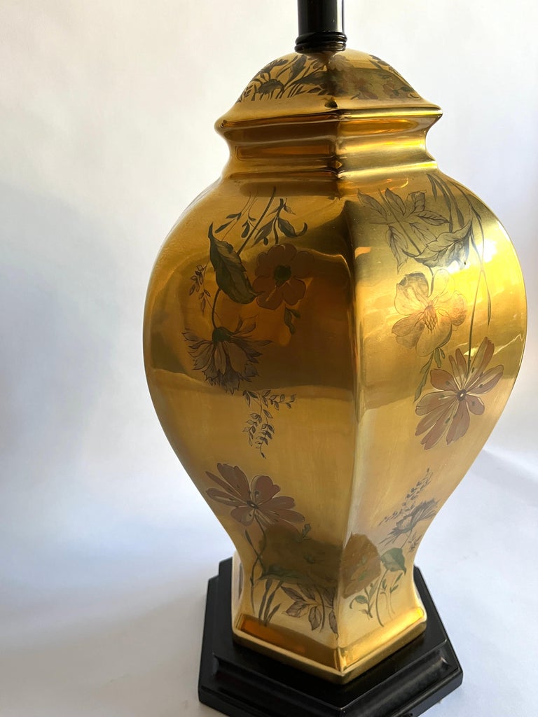 Gold Porcelain Floral Hand-Painted Morris Greenspan Chinoiserie Urn Table Lamp