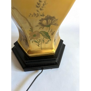 Gold Porcelain Floral Hand-Painted Morris Greenspan Chinoiserie Urn Table Lamp