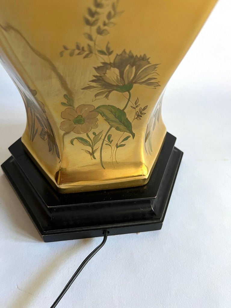 Gold Porcelain Floral Hand-Painted Morris Greenspan Chinoiserie Urn Table Lamp
