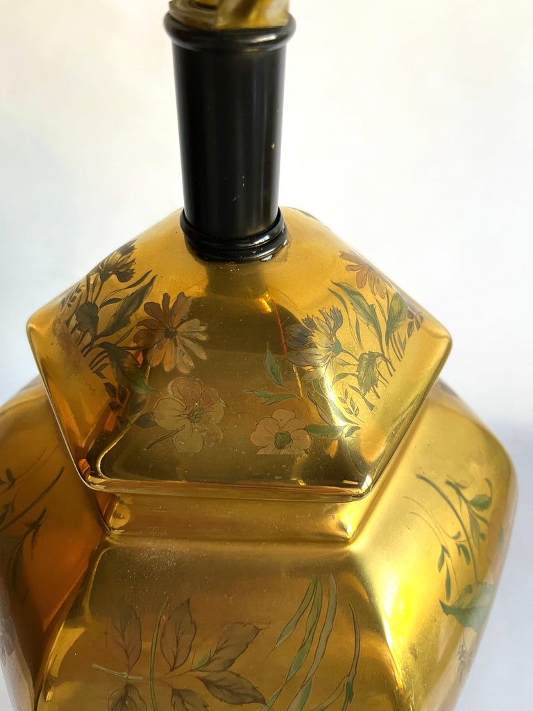 Gold Porcelain Floral Hand-Painted Morris Greenspan Chinoiserie Urn Table Lamp