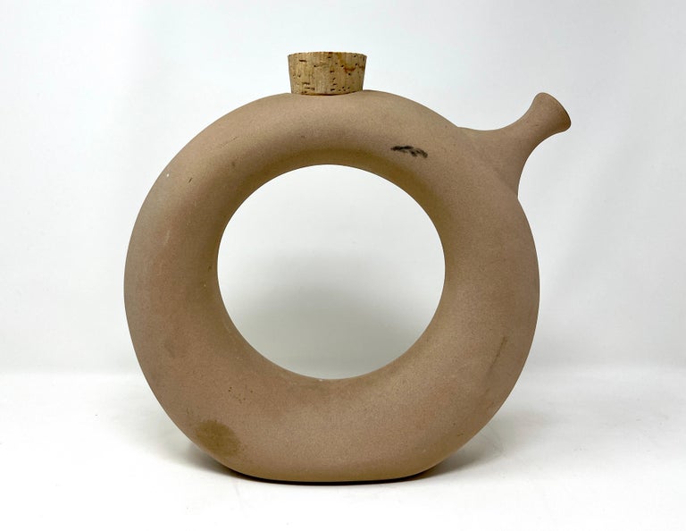 Hartstone Signed Circular Donut Shape Pottery Pitcher Wine Jug