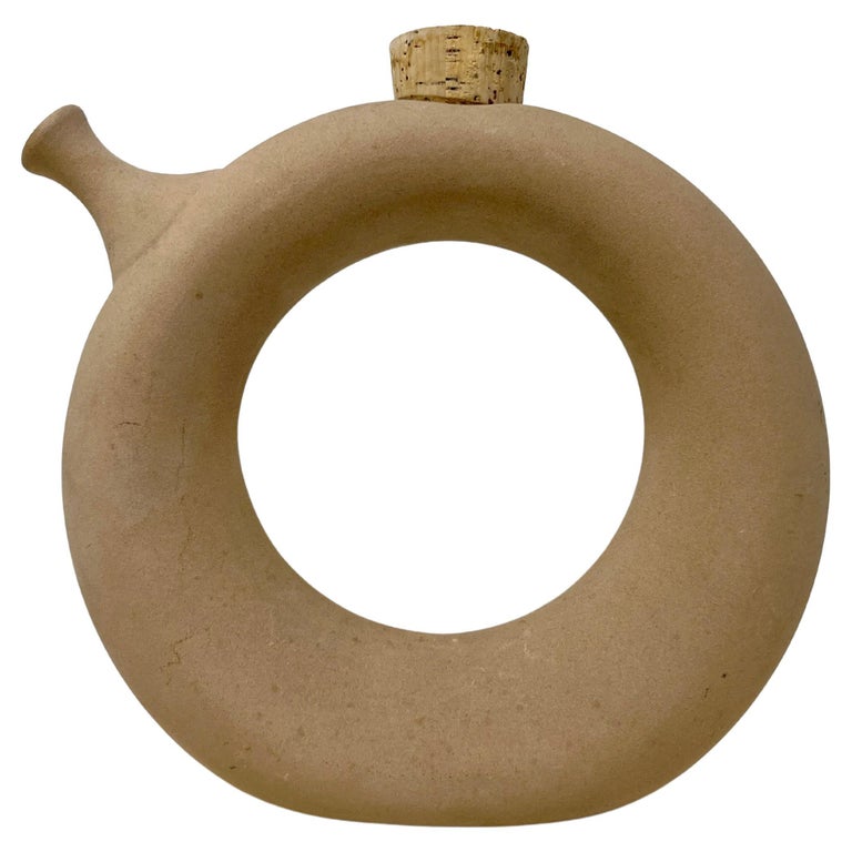 Hartstone Signed Circular Donut Shape Pottery Pitcher Wine Jug