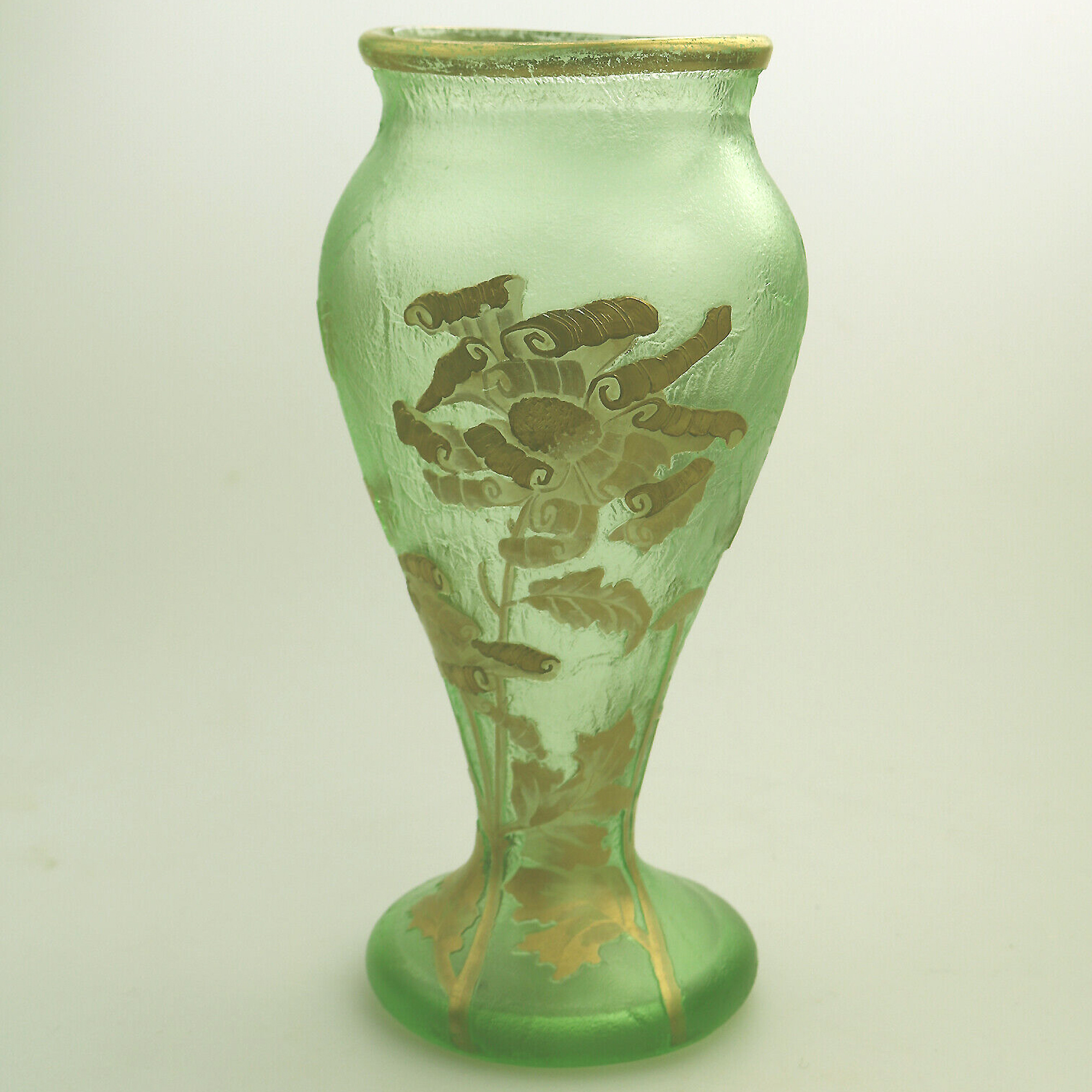 A large antique Mont Joye Legras French Art Nouveau glass acid-etched gilded Vase C.1890+