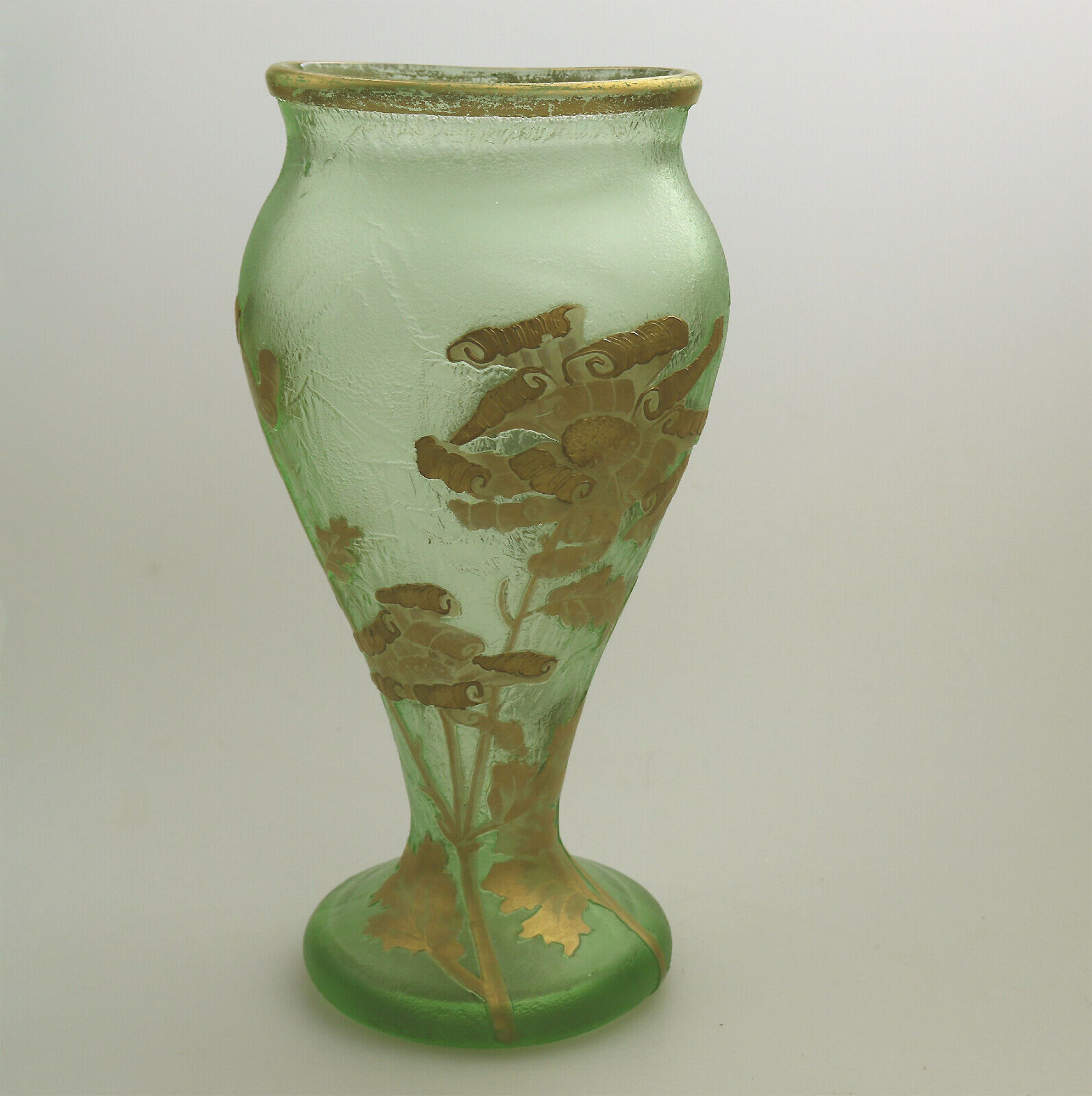 A large antique Mont Joye Legras French Art Nouveau glass acid-etched gilded Vase C.1890+