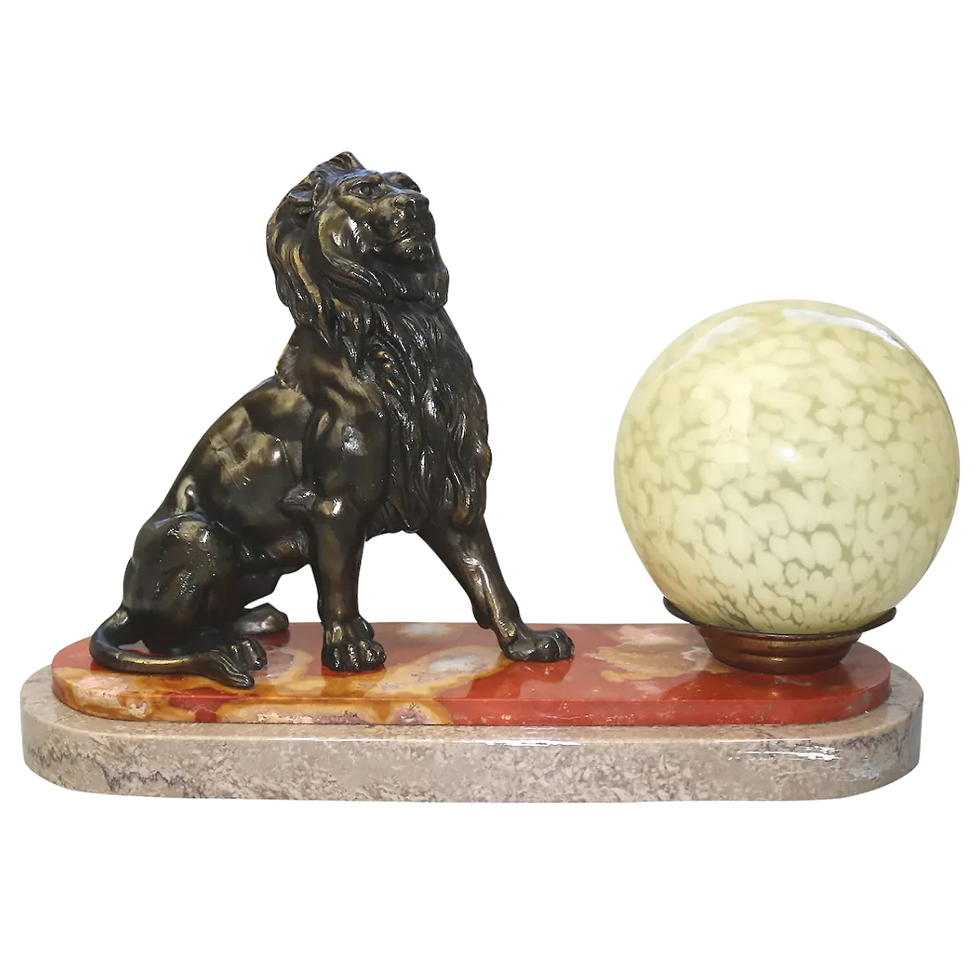 Art Deco bronzed spelter & marble novelty British Empire Lion Table Lamp C.1930s